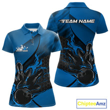 Load image into Gallery viewer, Front and back display of a black and blue women’s bowling polo shirt featuring a flaming bowling ball striking pins with hexagon graphics.