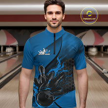 Load image into Gallery viewer, Custom Blue Flame Bowling Team Men Quarter-Zip Shirt, Bowling League Shirt Bowler Outfits IPHW11191
