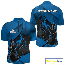 Load image into Gallery viewer, Custom Blue Flame Bowling Team Men Quarter-Zip Shirt, Bowling League Shirt Bowler Outfits IPHW11191