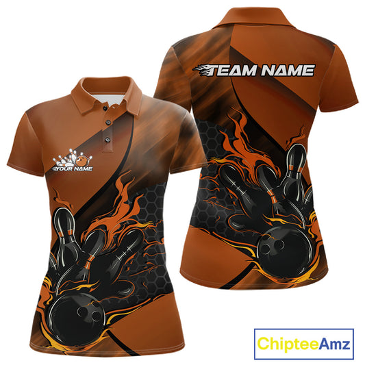 Front and back mockup of a black and orange women’s bowling polo shirt showcasing a flaming bowling ball striking pins with a hexagon pattern.