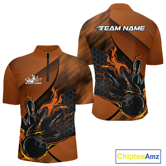 Front and back mockup of a black and orange men’s bowling quarter-zip shirt showcasing a flaming bowling ball striking pins with a hexagon pattern.