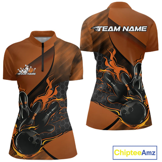 Women’s quarter zip bowling shirt mockup displaying black and orange shirt with flame bowling ball striking pins and hexagon pattern design