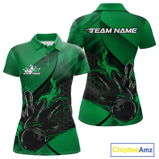 Front and back view of a black and green women’s bowling polo shirt featuring a flaming bowling ball striking pins over a hexagon pattern.