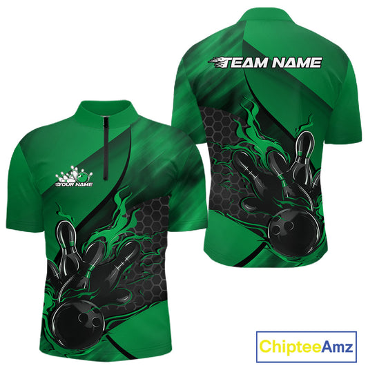 Front and back view of a black and green men’s bowling quarter-zip shirt featuring a flaming bowling ball striking pins over a hexagon pattern.