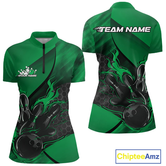 Women’s quarter zip bowling shirt mockup showcasing black and green shirt with flame bowling ball striking pins artwork and hexagon pattern accents