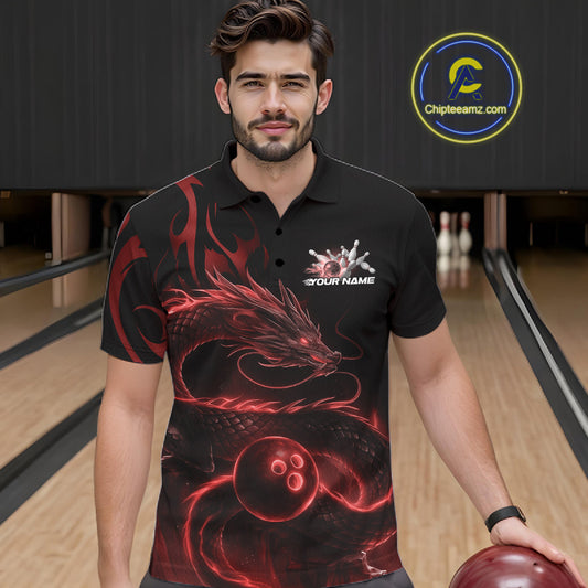 Custom Red Tribal Flame Dragon Bowlin Team Men Polo Shirt, Dragon Bowling Jerseys IPHW10230