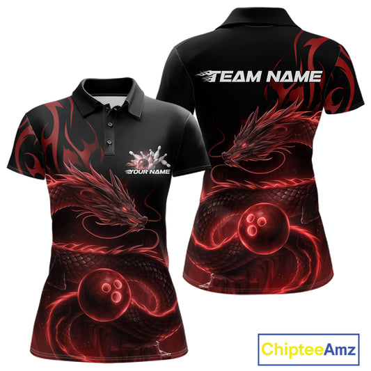 Custom Red Tribal Flame Dragon Bowlin Team Women Polo Shirt, Dragon Bowling Jerseys IPHW10230