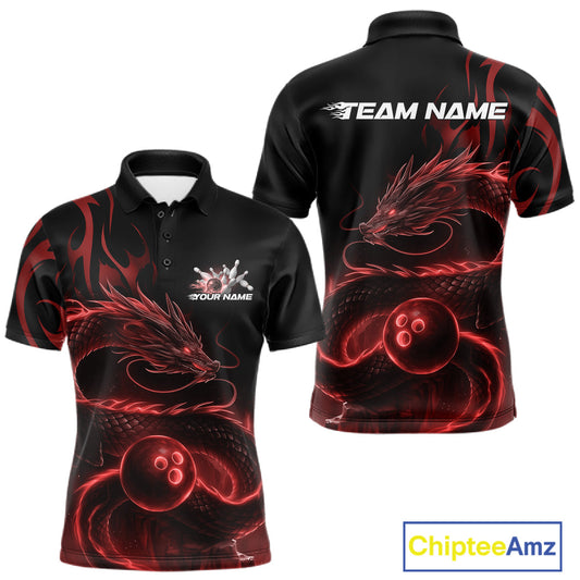 Custom Red Tribal Flame Dragon Bowlin Team Men Polo Shirt, Dragon Bowling Jerseys IPHW10230