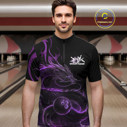 Custom Purple Tribal Flame Dragon Bowlin Team Men Quarter-Zip Shirt, Dragon Bowling Jerseys IPHW10231