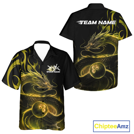 Custom Gold Tribal Flame Dragon Bowlin Team Men And Women Hawaiian Shirt, Dragon Bowling Jerseys IPHW10232