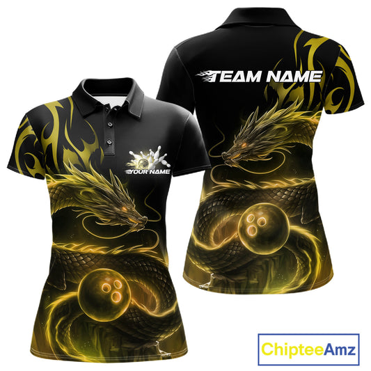 Custom Gold Tribal Flame Dragon Bowlin Team Women Polo Shirt, Dragon Bowling Jerseys IPHW10232