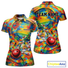 Load image into Gallery viewer, Women’s polo shirt mockup front and back with autism ribbon and multicolored puzzle bowling pattern creating a vibrant awareness-themed design