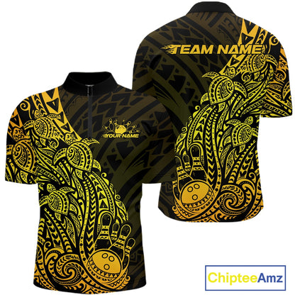 Front and back views of a black and gold mens bowling quarter-zip shirt showcasing bowling pins and a ball with Polynesian-inspired artwork.