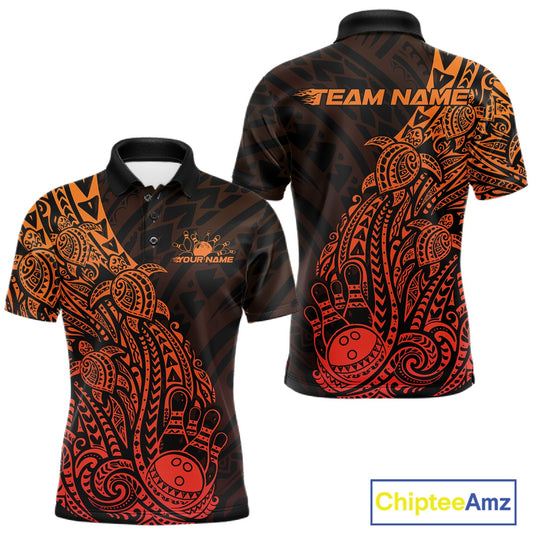Front and back views of a black and red orange mens bowling polo shirt showcasing bowling pins and a ball surrounded by tribal swirls and turtle-inspired patterns.
