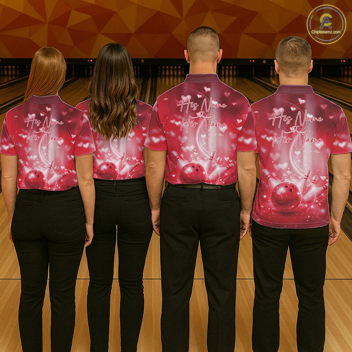Custom Red Valentine Bowling Couple Shirts, Red Heart Theme Bowling Jerseys With His Name And Her Name IPHW10475