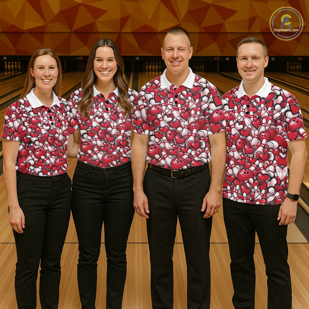 Custom Red Heart Theme Valentine Bowling Couple Shirt, Love Bowling Jerseys With His Name And Her Name IPHW10477