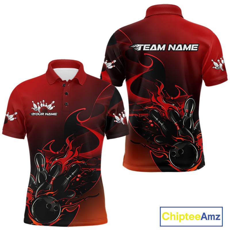 Custom Black And Red Flame Bowling Team Men Polo Shirt, Bowling Tournament Shirt IPHW9868