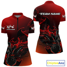 Load image into Gallery viewer, Custom Black And Red Flame Bowling Team Women Quarter-Zip Shirt, Bowling Tournament Shirt IPHW9868
