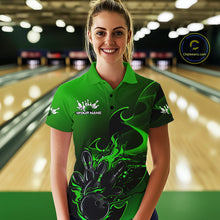 Load image into Gallery viewer, Custom Black And Green Flame Bowling Team Women Polo Shirt, Bowling Tournament Shirt IPHW9870
