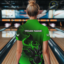 Load image into Gallery viewer, Custom Black And Green Flame Bowling Team Women Polo Shirt, Bowling Tournament Shirt IPHW9870