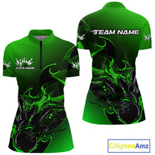 Load image into Gallery viewer, Custom Black And Green Flame Bowling Women Quarter-Zip Shirt, Bowling Tournament Shirt IPHW9870