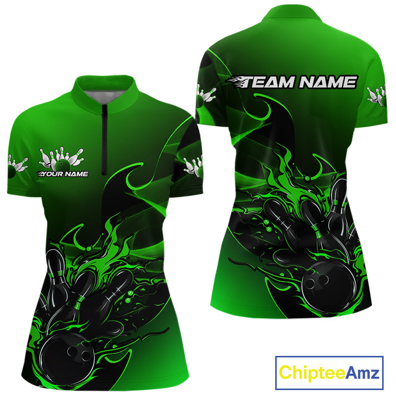Custom Black And Green Flame Bowling Women Quarter-Zip Shirt, Bowling Tournament Shirt IPHW9870