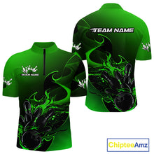 Load image into Gallery viewer, Custom Black And Green Flame Bowling Team Men Quarter-Zip Shirt, Bowling Tournament Shirt IPHW9870