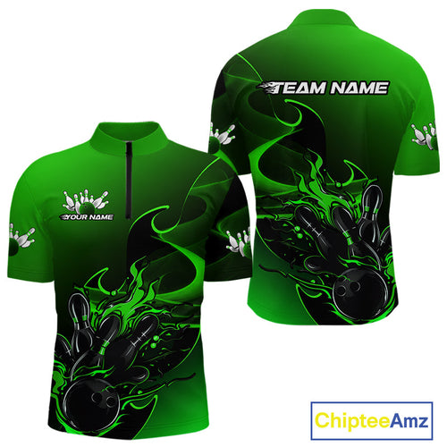 Custom Black And Green Flame Bowling Team Men Quarter-Zip Shirt, Bowling Tournament Shirt IPHW9870