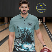 Load image into Gallery viewer, Custom Blue Flame Grim Reaper Bowling Men Polo Shirts, Piles Of Skull Halloween Outfit IPHW9897
