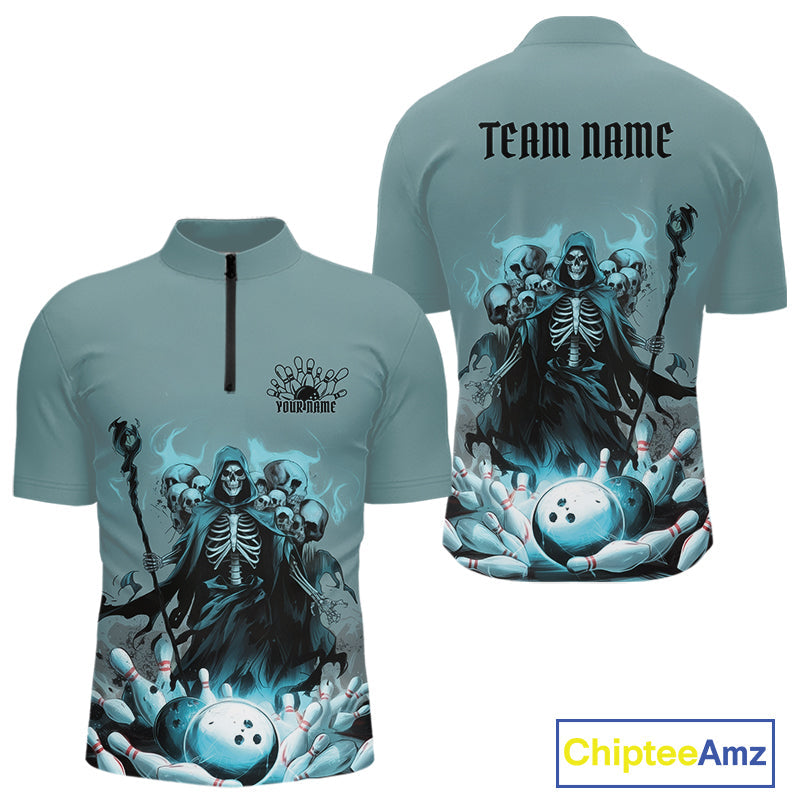 Custom Blue Flame Grim Reaper Bowling Women Quarter-Zip Shirts, Skull Halloween Outfit IPHW9897