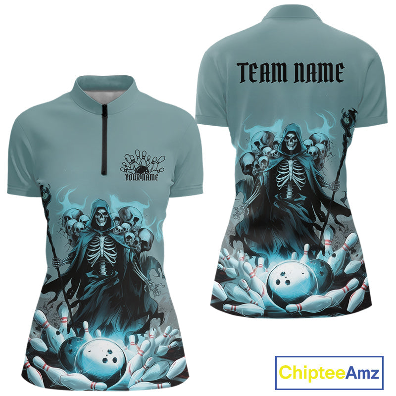 Custom Blue Flame Grim Reaper Bowling Men Quarter-Zip Shirts, Piles Of Skull Halloween Outfit IPHW9897