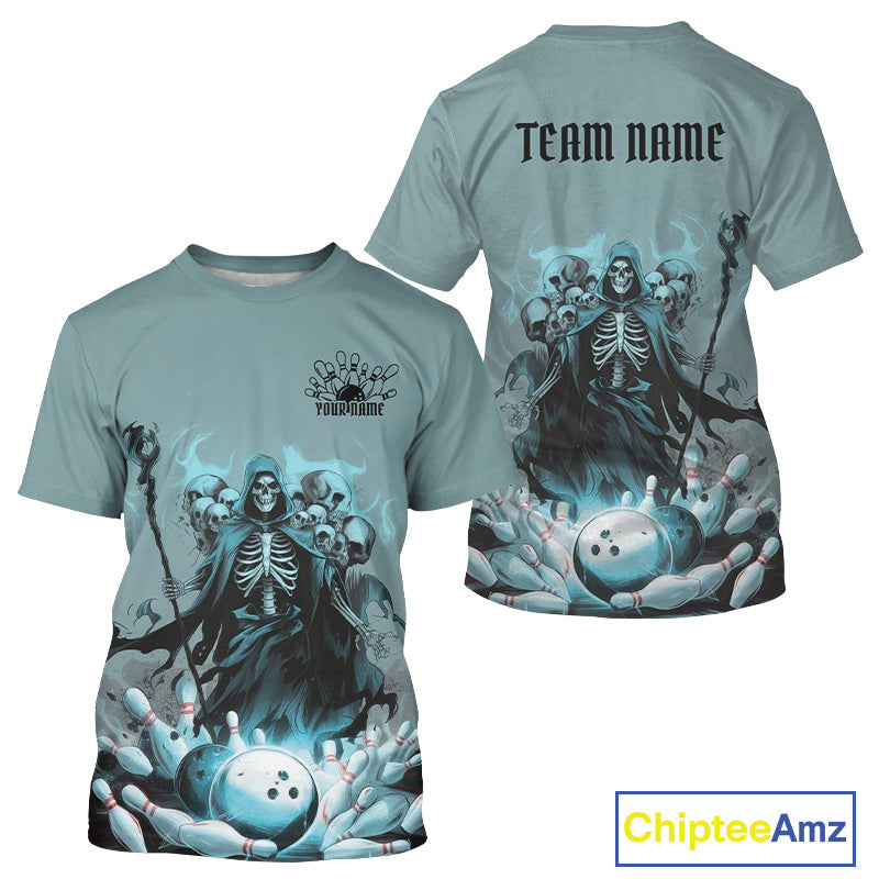 Custom Blue Flame Grim Reaper Bowling Men T-Shirts Shirts, Piles Of Skull Halloween Outfit IPHW9897