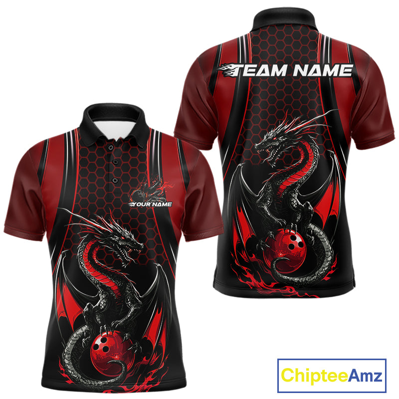 Custom Black And Red Flame Dragon Bowling Jerseys, Dragon Bowling Team Men Polo Shirt IPHW9905