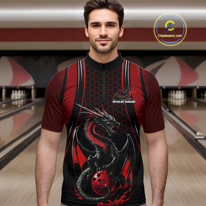 Custom Black And Red Flame Dragon Bowling Jerseys, Dragon Bowling Team Men Quarter-Zip Shirt IPHW9905