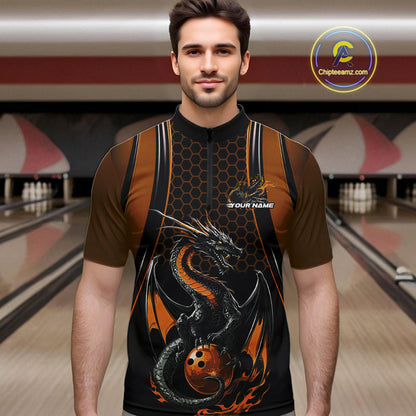 Custom Black And Orange Flame Dragon Bowling Jerseys, Dragon Bowling Team Men Quarter-Zip Shirt IPHW9906