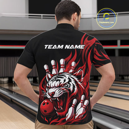 Custom Black And Red Tiger Men Bowling Jerseys, Tiger Bowling Team League Shirt IPHW10160