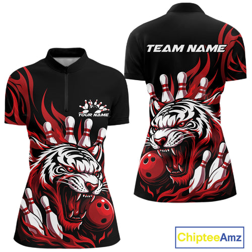 Custom Black And Red Tiger Women Bowling Jerseys, Tiger Bowling Team League Shirt IPHW10160
