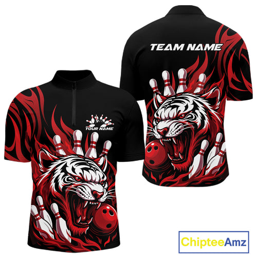 Custom Black And Red Tiger Men Bowling Jerseys, Tiger Bowling Team League Shirt IPHW10160