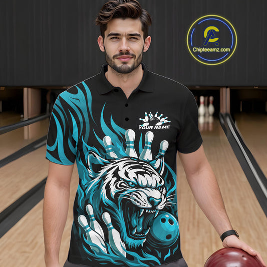 Custom Black And Blue Tiger Men Bowling Jerseys, Tiger Bowling Team League Shirt IPHW10161