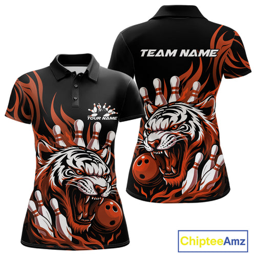 Custom Black And Orange Tiger Women Bowling Jerseys, Tiger Bowling Team League Shirt IPHW10162