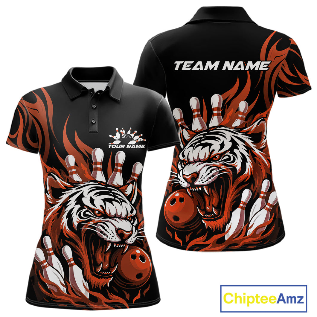 Custom Black And Orange Tiger Women Bowling Jerseys, Tiger Bowling Team League Shirt IPHW10162