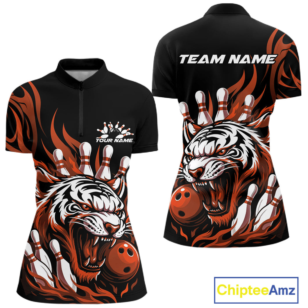 Custom Black And Orange Tiger Women Bowling Jerseys, Tiger Bowling Team League Shirt IPHW10162