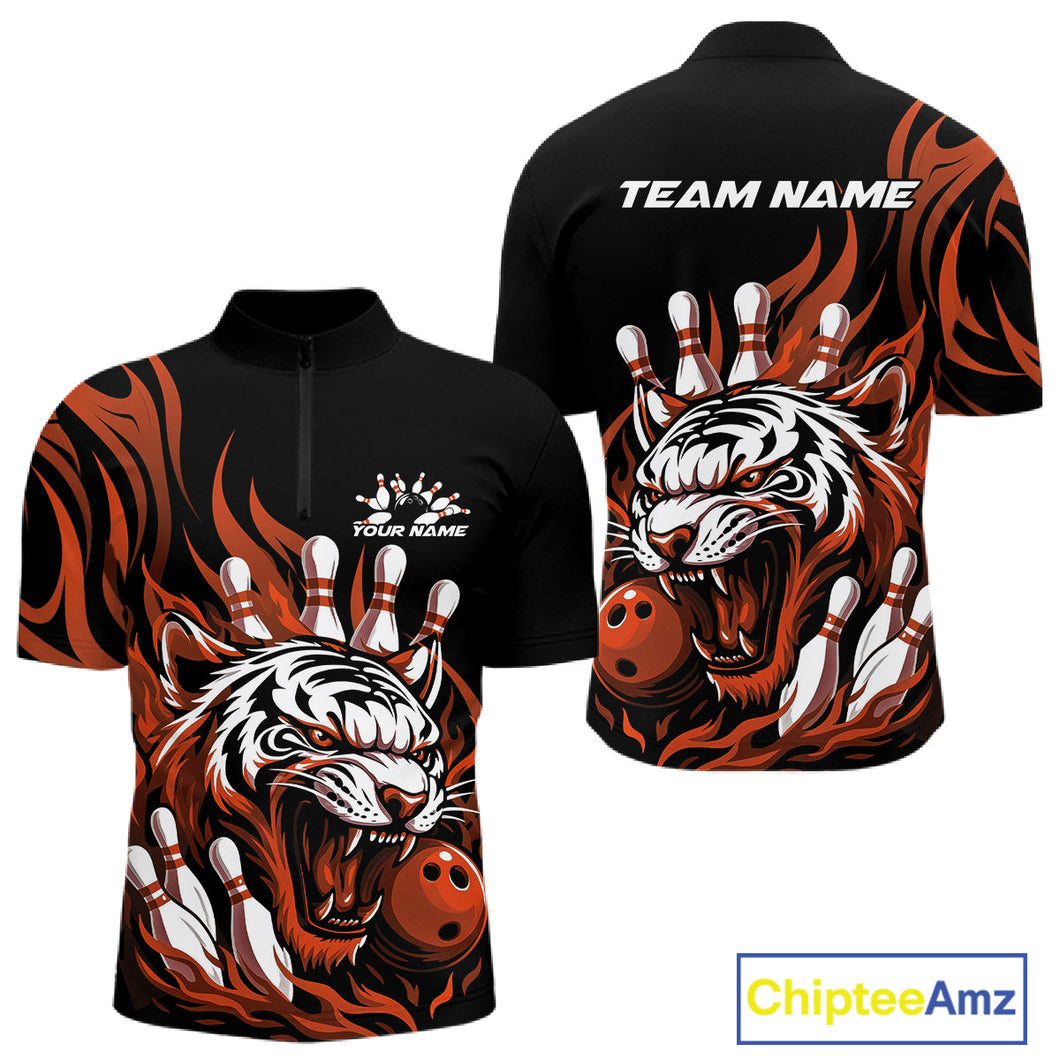 Custom Black And Orange Tiger Men Bowling Jerseys, Tiger Bowling Team League Shirt IPHW10162