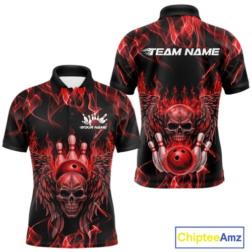 Custom Black And Red Flame Skull With Wings Men Bowling Shirt, Halloween Team Shirt IPHW10165