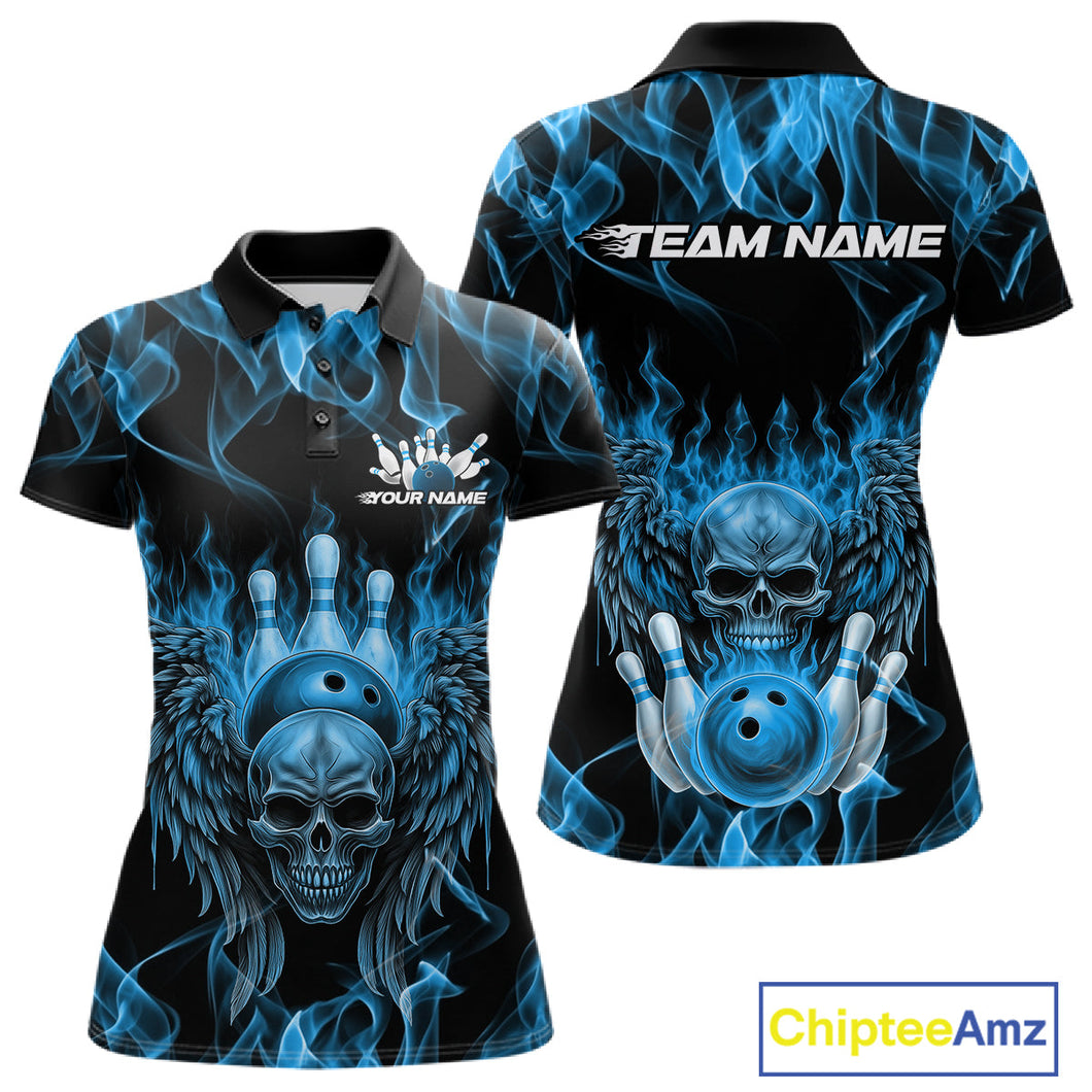 Custom Black And Blue Flame Skull With Wings Women Bowling Shirt, Halloween Team Shirt IPHW10166