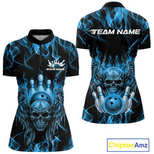 Load image into Gallery viewer, Custom Black And Blue Flame Skull With Wings Women Bowling Shirt, Halloween Team Shirt IPHW10166