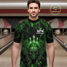 Load image into Gallery viewer, Custom Black And Green Flame Skull With Wings Men Bowling Shirt, Halloween Team Shirt IPHW10167