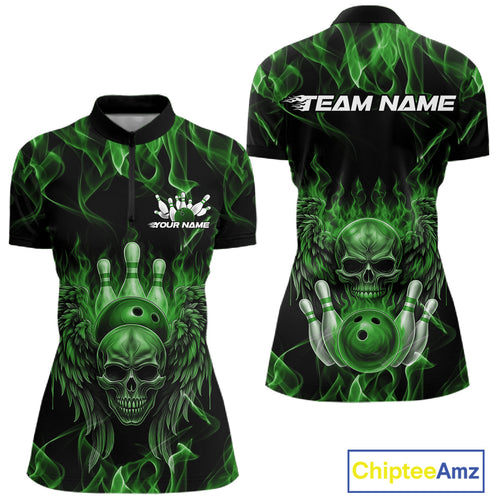 Custom Black And Green Flame Skull With Wings Women Bowling Shirt, Halloween Team Shirt IPHW10167
