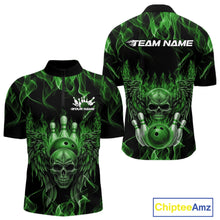 Load image into Gallery viewer, Custom Black And Green Flame Skull With Wings Men Bowling Shirt, Halloween Team Shirt IPHW10167