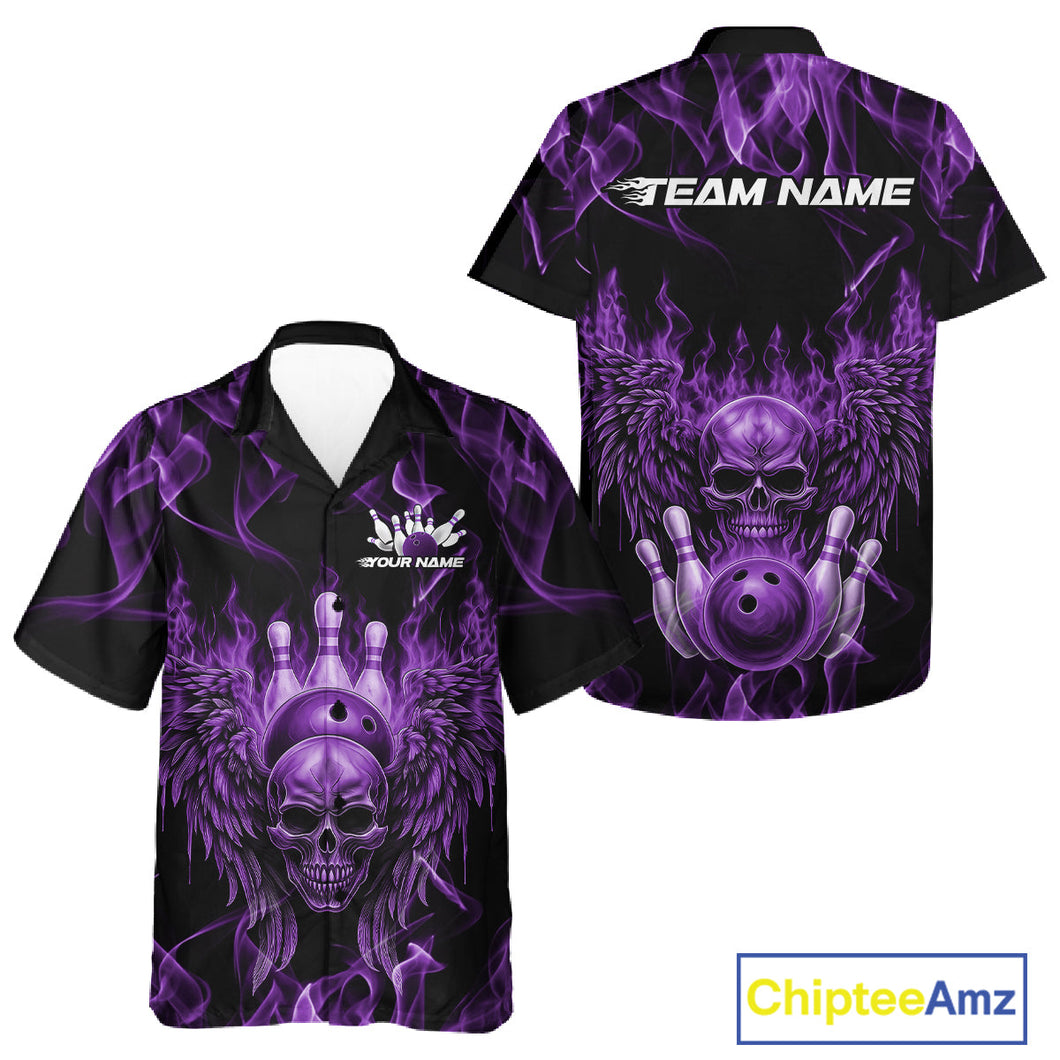 Custom Black And Purple Flame Skull With Wings Men And Women Bowling Shirt, Halloween Team Shirt IPHW10168